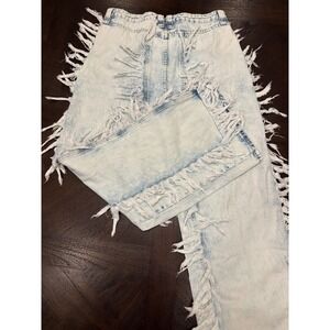 NWTO Fashion Nova wide leg jeans with fringe size 11 womens retro medium wash